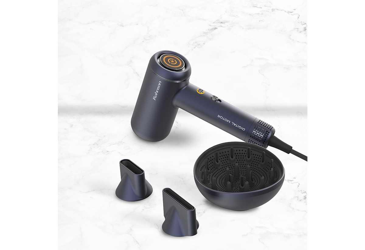 Απεικονίζεται το σεσουάρ μαζί με τα στόμια και τη φυσούνα.